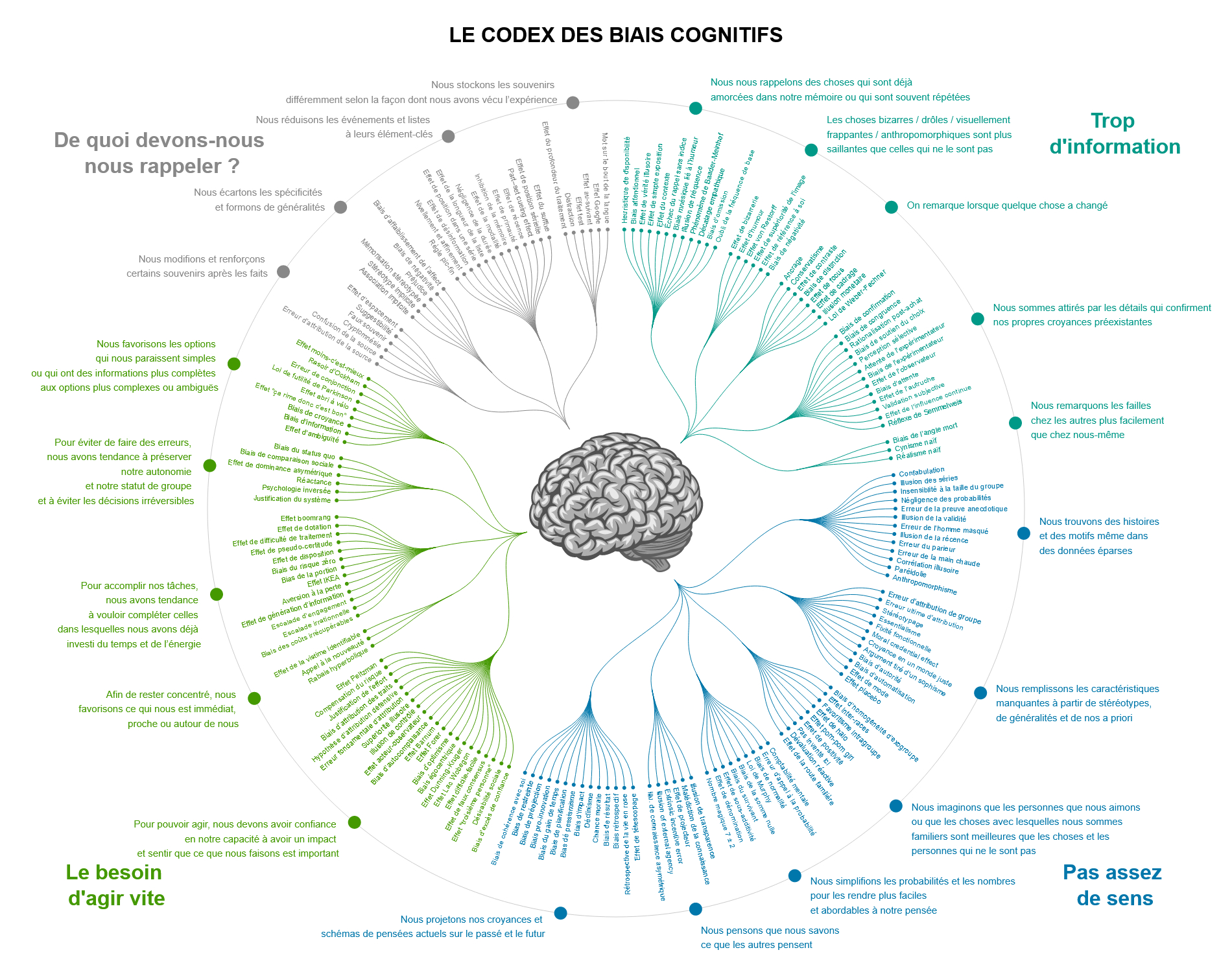 Les biais cognitifs peuvent être organisés en quatre catégories : les biais qui découlent de trop d'informations, pas assez de sens, la nécessité d'agir rapidement et les limites de la mémoire. Modèle Algorithmique: John Manoogian III (jm3) Modèle Organisationnel: Buster Benson. Source : https://www.penser-critique.be/wp-content/uploads/2018/02/codex-biais-cognitifs.pdf