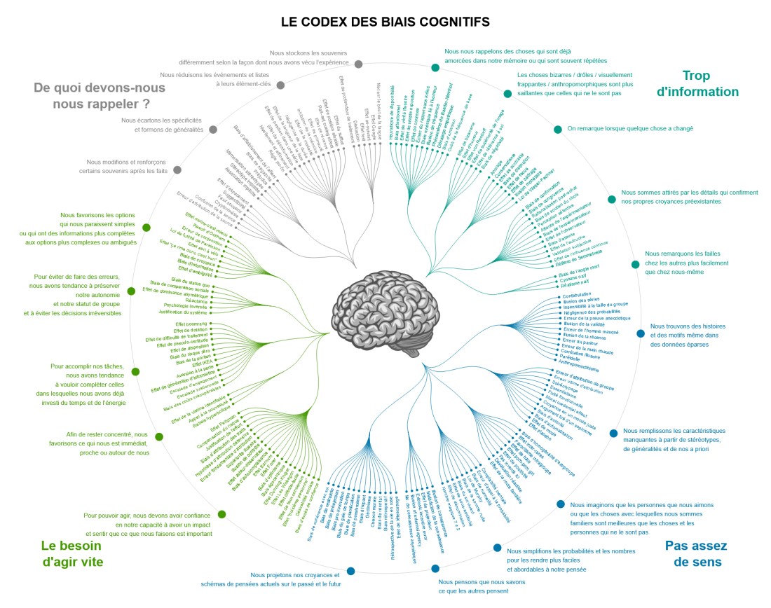 Les biais cognitifs peuvent être organisés en quatre catégories : les biais qui découlent de trop d'informations, pas assez de sens, la nécessité d'agir rapidement et les limites de la mémoire. Modèle Algorithmique: John Manoogian III (jm3) Modèle Organisationnel: Buster Benson. Source : https://www.penser-critique.be/wp-content/uploads/2018/02/codex-biais-cognitifs.pdf