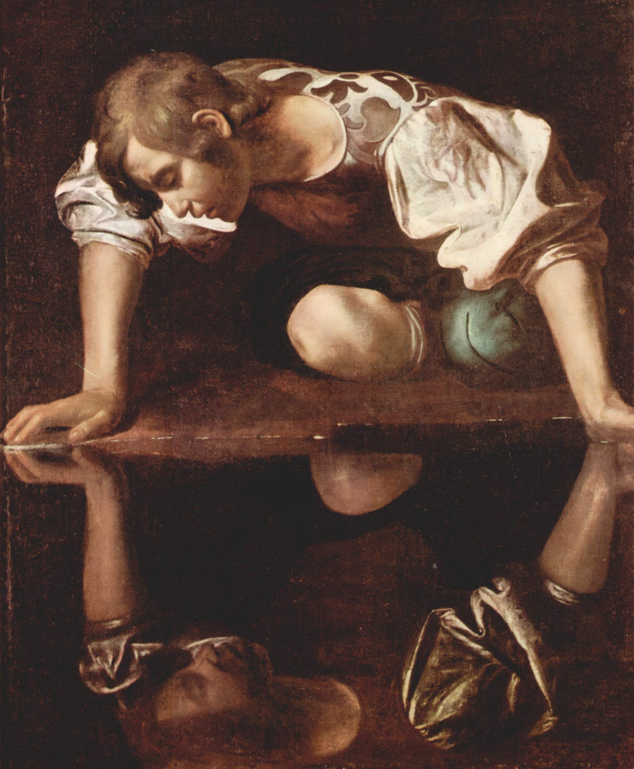 Narcisse s'est regardé comme un reflet dans l'eau et a commencé à s'aimer pour sa propre beauté. Peinture par Caravaggio (1571–1610), Galleria Nazionale d'Arte Antica.